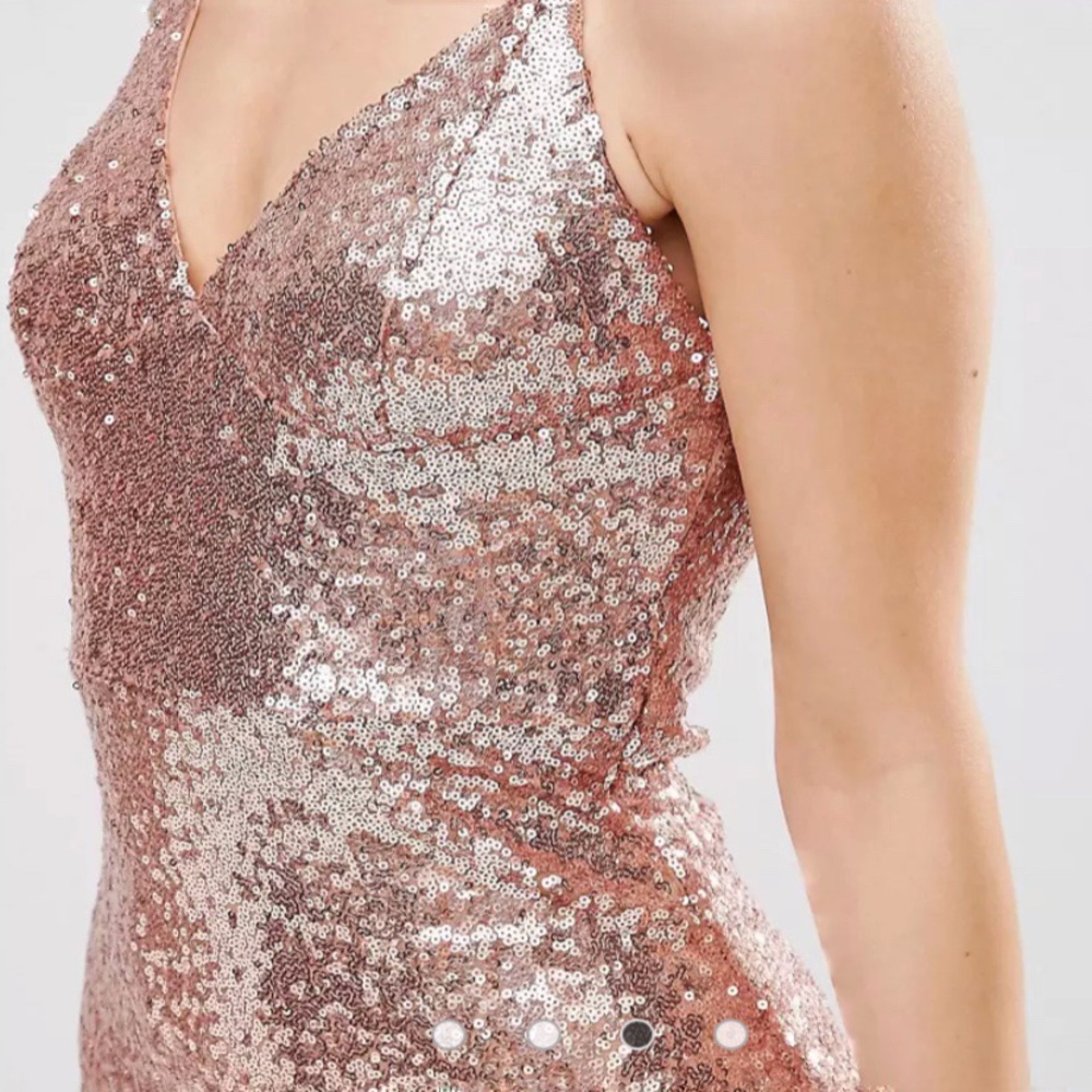 Club L for ASOS Rose Gold Sequin Cami Strap Midi Metallic Cocktail Dress Zipper - Picture 3 of 8